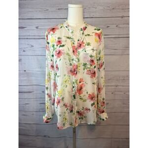 Kut from the Kloth Jasmine Floral Sheer Blouse M White Pink Chiffon Long Sleeve